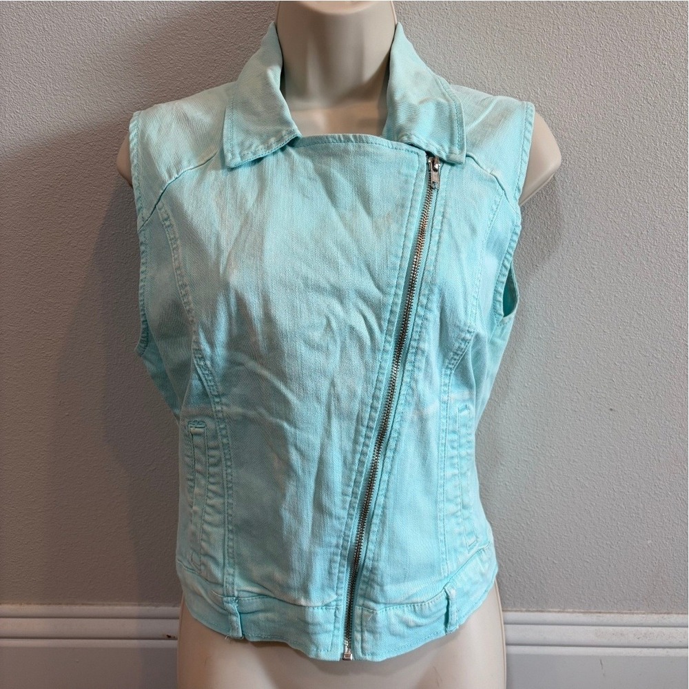 JW Jeans Denim Moto Vest Womens Small Aqua Mint Asymmetrical Zip Sleeveless